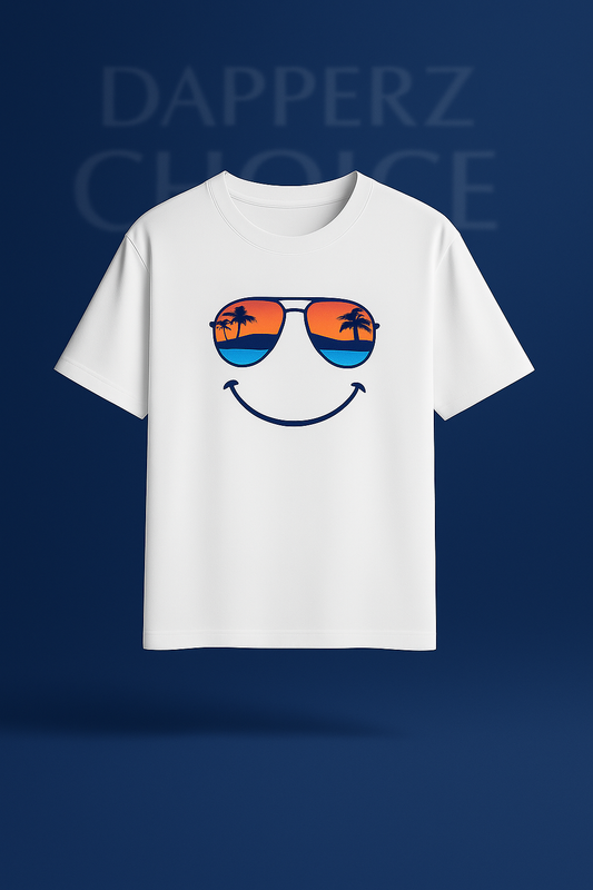 “SUNSET SMILE” Premium White Oversized T-Shirt | 240 GSM FRENCH TERRY 100% COTTON